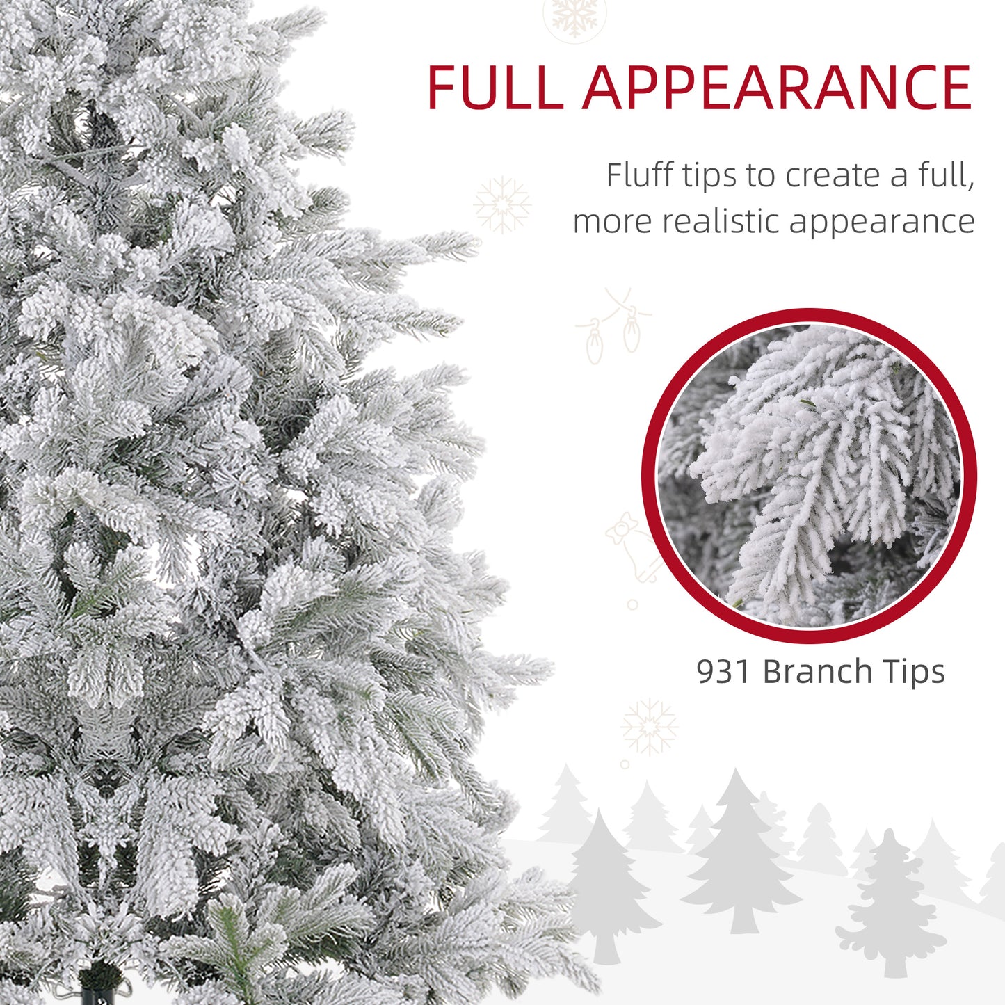 5ft Prelit Snow Flocked Artificial Christmas Tree with Warm White LED Light and 931 Tips, Metal Base, Snowy Realistic Xmas Tree