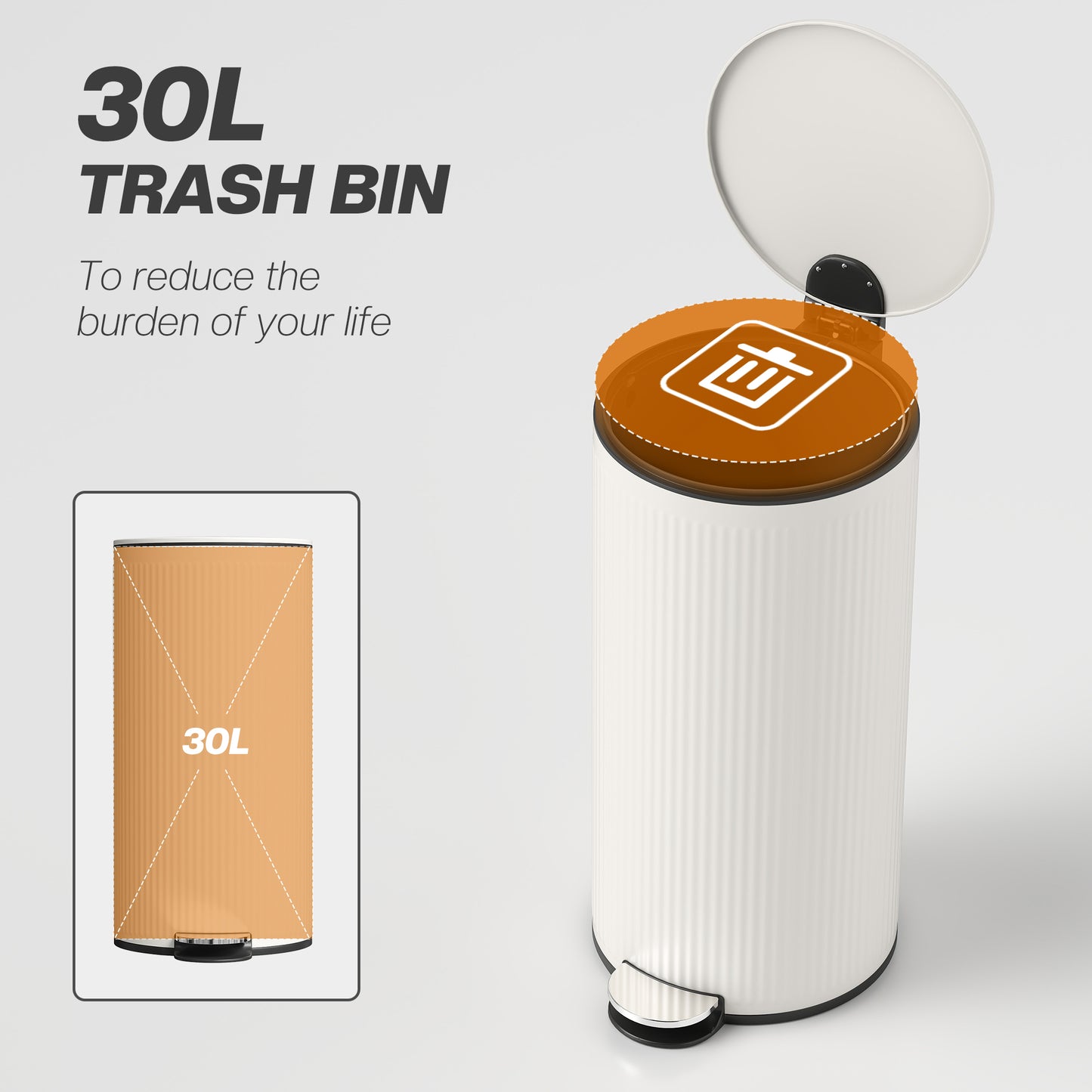 30L Kitchen Pedal Bin | Soft-Close Lid | Removable Inner Bucket | Lid Stay-Open | Fingerprint-Proof | Vertical Striped Metal & PP | Fully Assembled | 36x30x60.5cm | Cream