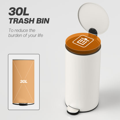 30L Kitchen Pedal Bin | Soft-Close Lid | Removable Inner Bucket | Lid Stay-Open | Fingerprint-Proof | Vertical Striped Metal & PP | Fully Assembled | 36x30x60.5cm | Cream