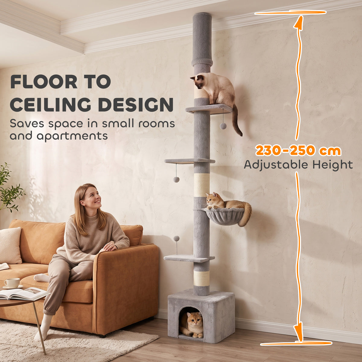 Light Grey Floor-to-Ceiling Cat Tree | Adjustable 230-250 cm Cat Tower with 6 Levels, Scratching Posts, Hammock, Condo & Toy Balls | Up to 5 kg