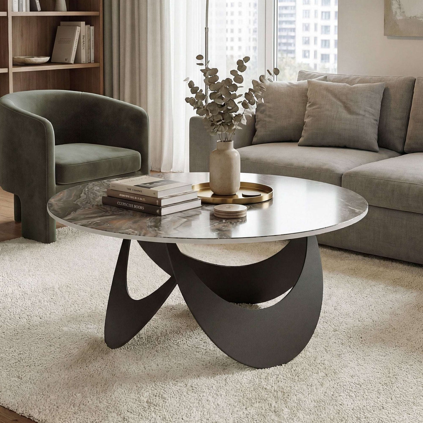 Sintered Stone Coffee Table | 80x80x40cm | Heat Resistant | Water-Glazed | Welded Metal Frame | Adjustable Feet | 40kg | Brown & Black