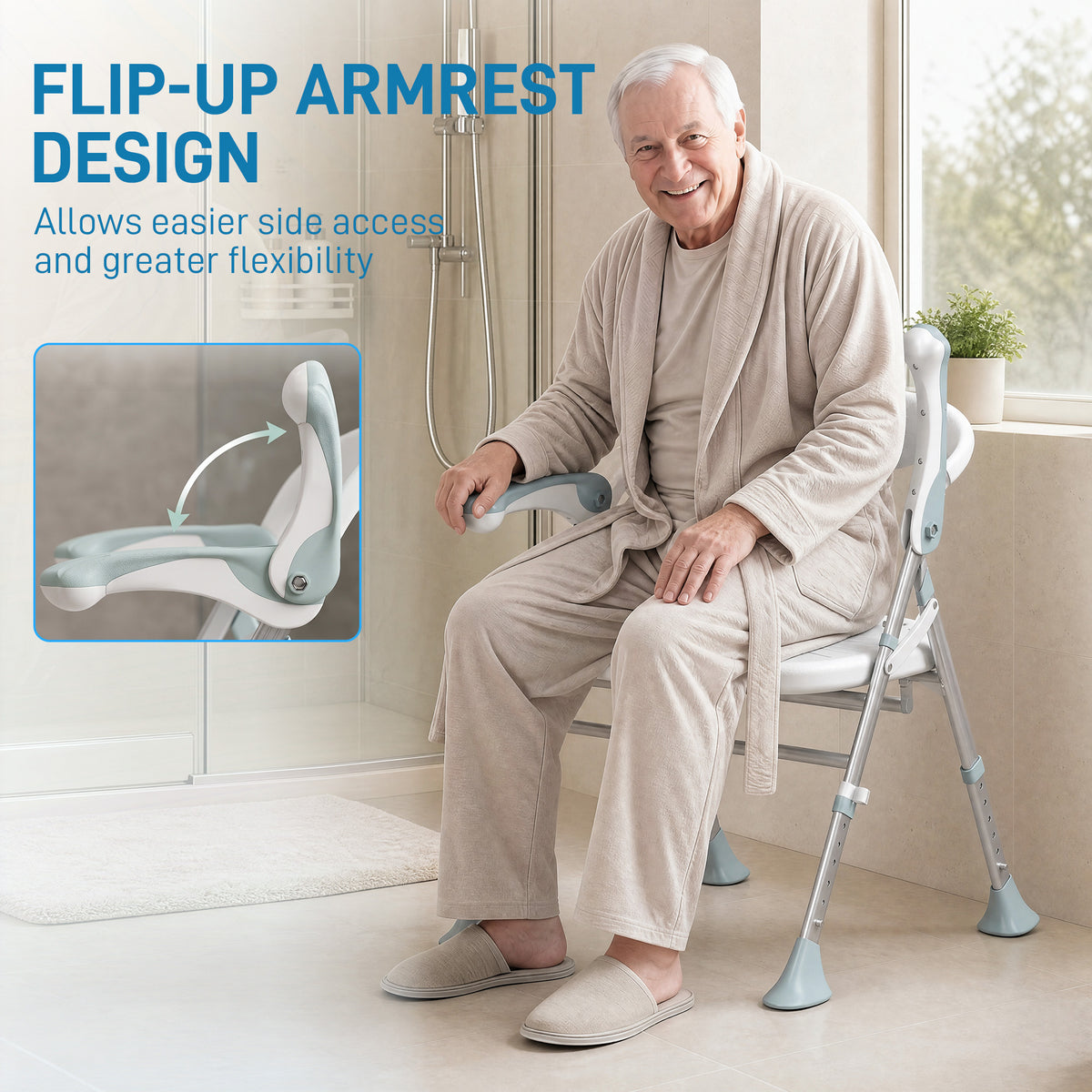 Foldable Shower Chair | Adjustable Height Bathroom Seat with Flip-Up Armrests, 136 kg Capacity | White & Light Green