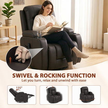 Massage Recliner Armchair | PU Leather | 8-Point Vibrating Massage | Lumbar Heat | 3 Modes & 3 Levels | Remote Control | 150° Recline | Swivel & Rocking | 2 Cup Holders & Pockets | 135kg | Dark Brown