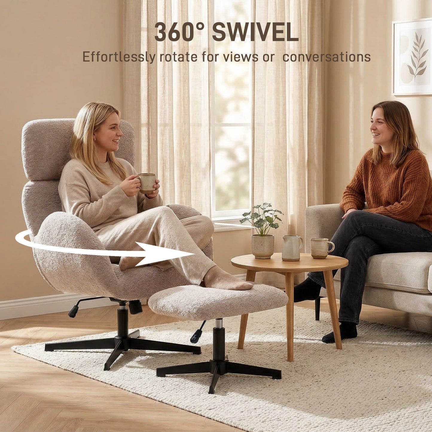 Swivel Armchair and Footstool Set, Height Adjustable Accent Chair with Adjustable Headrest, Rocking Function