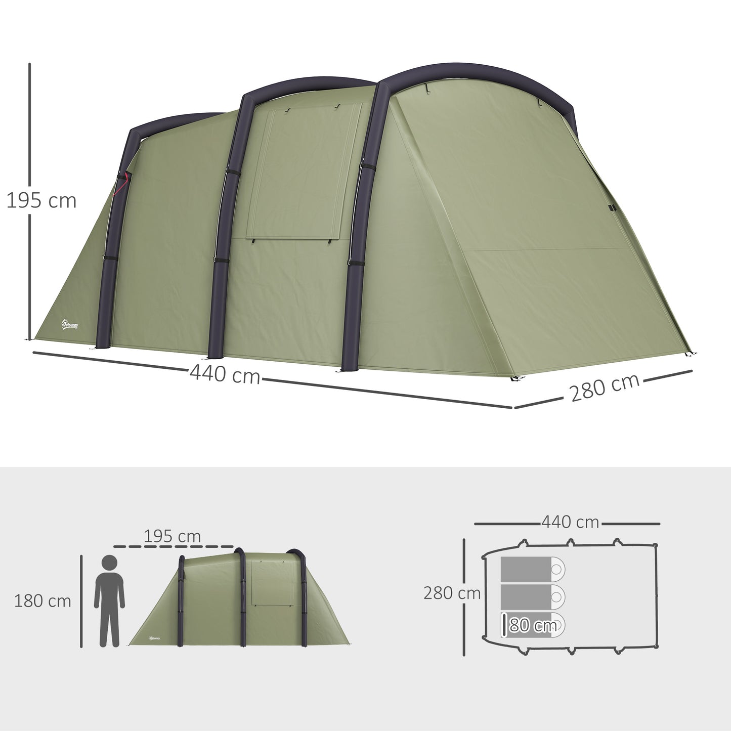 Inflatable 3-4 Man Tunnel Tent w/ Air Pump, Living Area & Vestibule, Waterproof Family Camping Air Tent w/ Sewn In Groundsheet