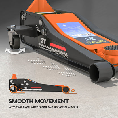 3 Ton Hydraulic Low-Profile Floor Jack, with 7.5-50.5cm Lifting Range, Wheels, Orange