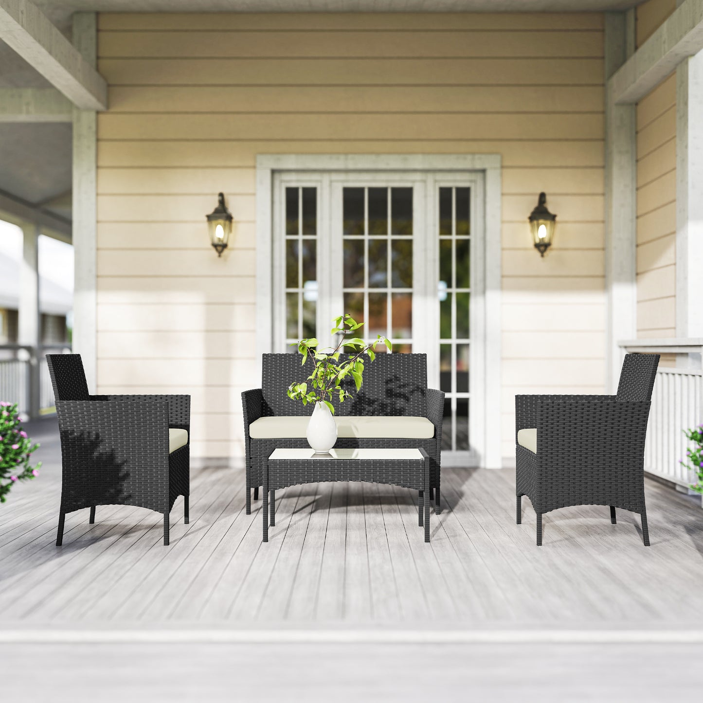 4 Piece Rattan Garden Sofa Set | Loveseat | 2 Armchairs | Tempered Glass Coffee Table | UV-Resistant PE Rattan | Powder-Coated Steel | Zipped Washable Cushions | Foot Pads | Cream