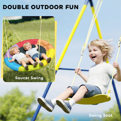 Kids Swing Set with Saucer Nest Swing & Belt Swing – 150kg Capacity, Adjustable Ropes, Steel A-Frame, Ground Stakes, EN71 Tested, Ages 3–8