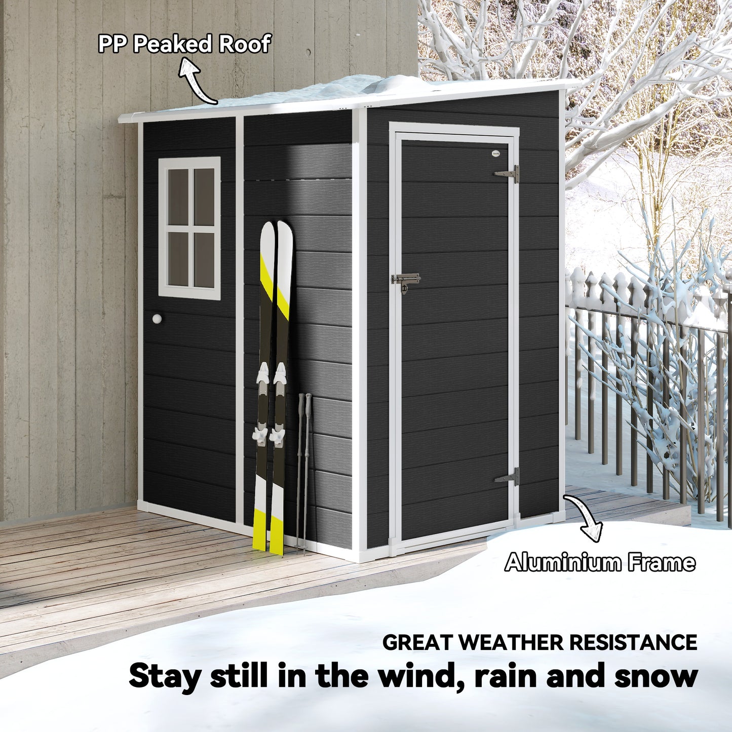 Aluminium Alloy & PP Lean-To Garden Storage Shed | Lockable Door | Lock & 3 Keys | Window | Vent | Sloped Roof | 40kg/m² Snow Rating | 122x149x192cm | 1.54m² | Black