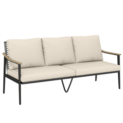 3 Seater Rattan Garden Sofa | Wood-Effect Armrests | Cut-Out PE Wicker Backrest | 8cm Seat & 12cm Back Cushions | Tapered Legs | Steel Frame | 360kg | 176x75x78cm | Khaki