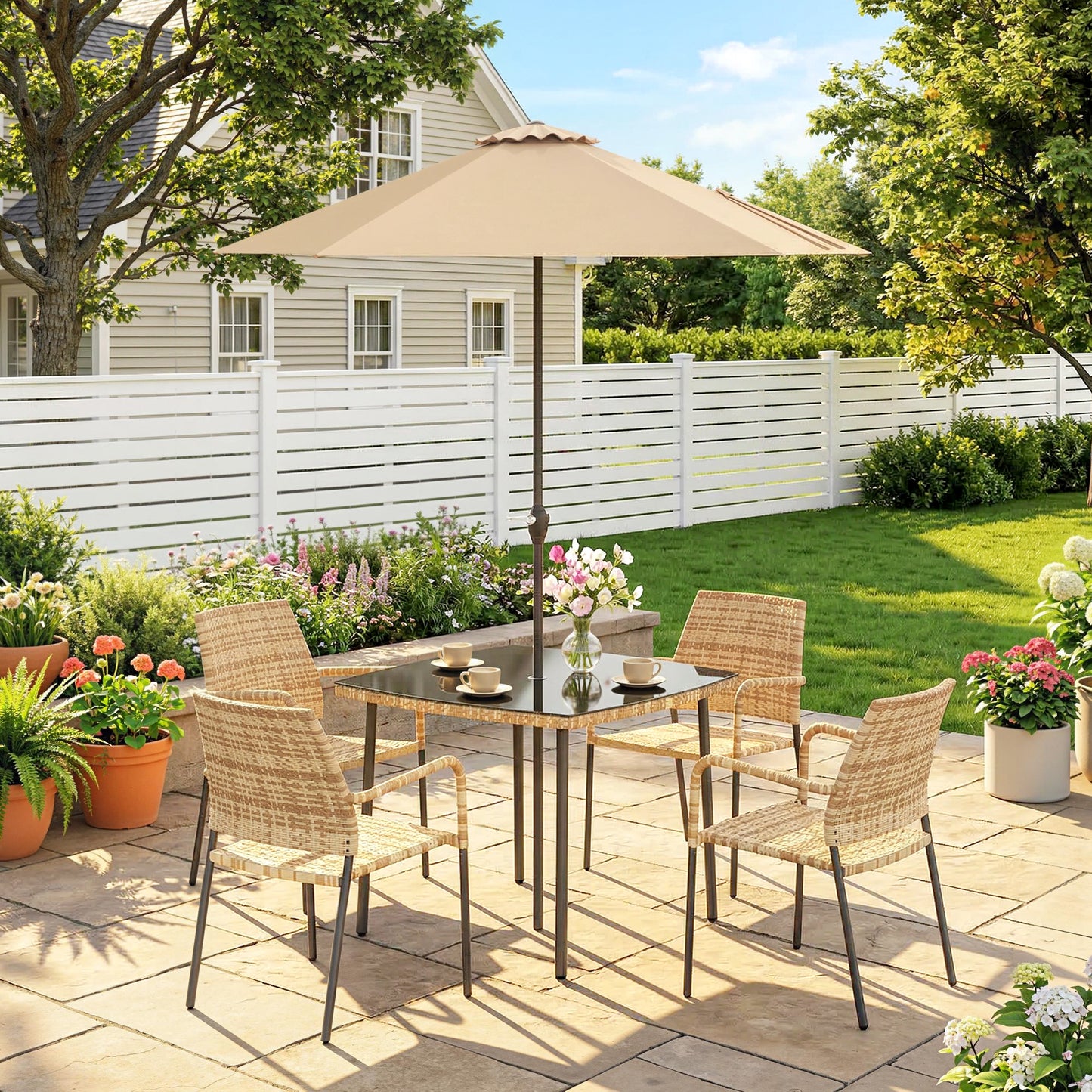 6-Piece 4-Seater Rattan Garden Dining Set | Parasol | Tempered Glass Table | Stackable Chairs | 120kg | Brown