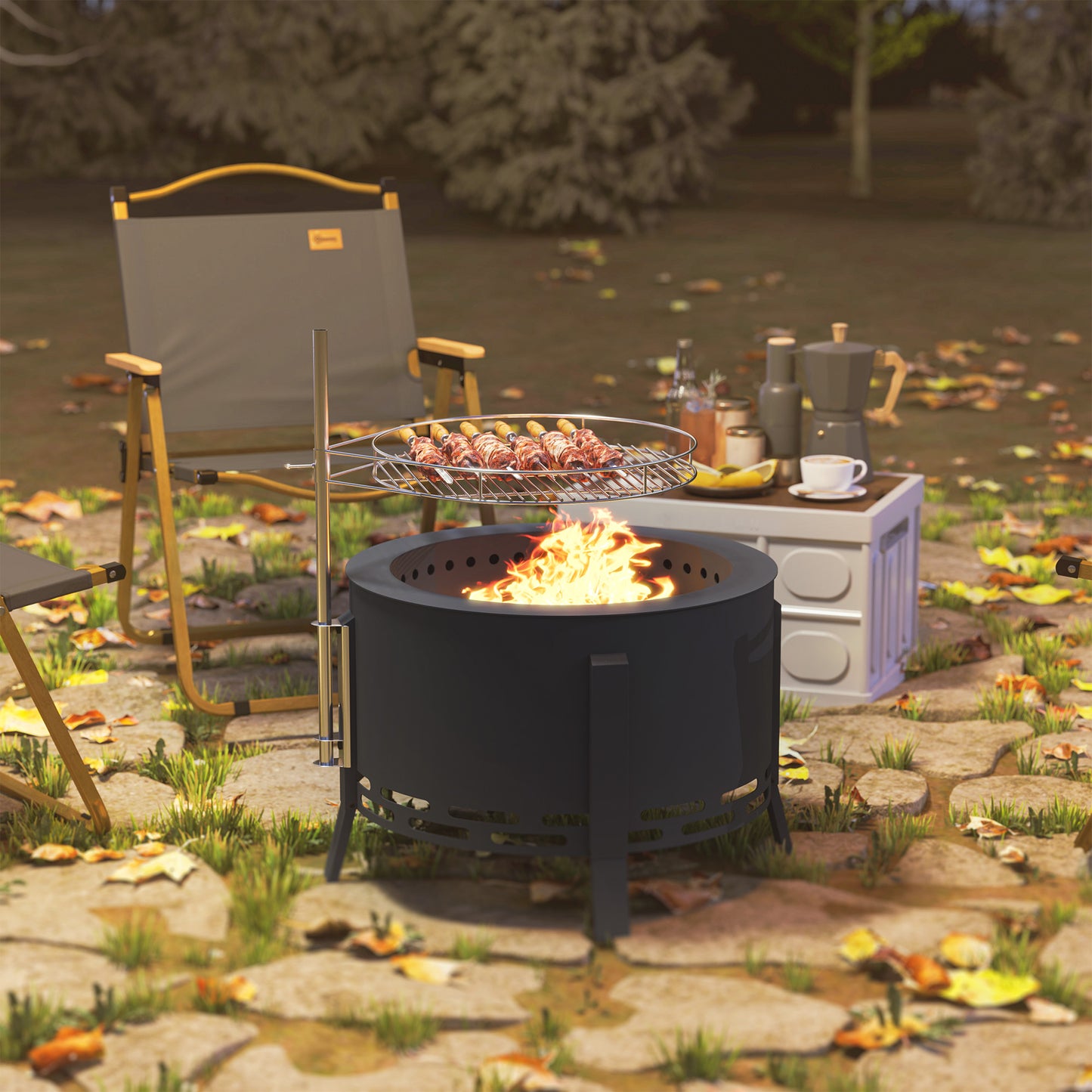 Portable Fire Pit, 58 cm Round Firepit with Grill Grate, Fire Bowl with Ash Catcher and Poker, Fire Pit BBQ for Garden Camping Bonfire Picnic, Black
