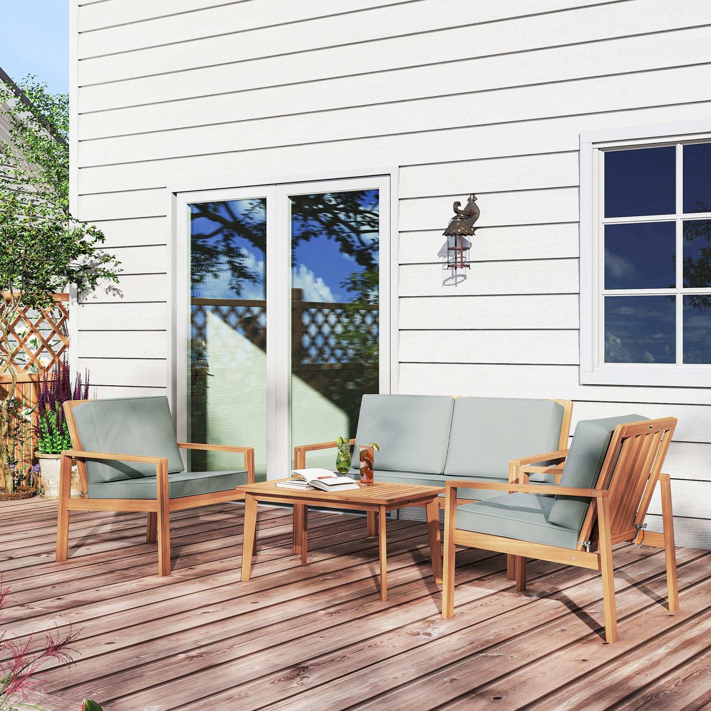 Outsunny 4-Piece Acacia Wooden Garden Furniture Set with Cushions - Teak