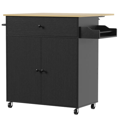 Kitchen Island Trolley with Drop-Leaf | Drawer | Cabinet & 3-Level Shelf | Spice Rack | Towel Rack | 4 Wheels 2 Brakes | Melamine Top | 50kg Total | 106x42x87cm | Grey / Black