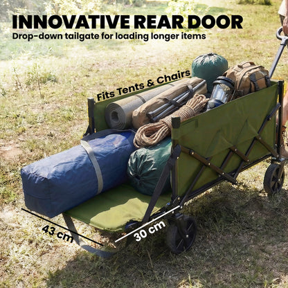 Outsunny 80L Foldable Festival Trolley on Wheels – Drop-Down Tailgate, 150kg, Adjustable Handle, 2 Cup Holders, Quick-Release Wheels – Green