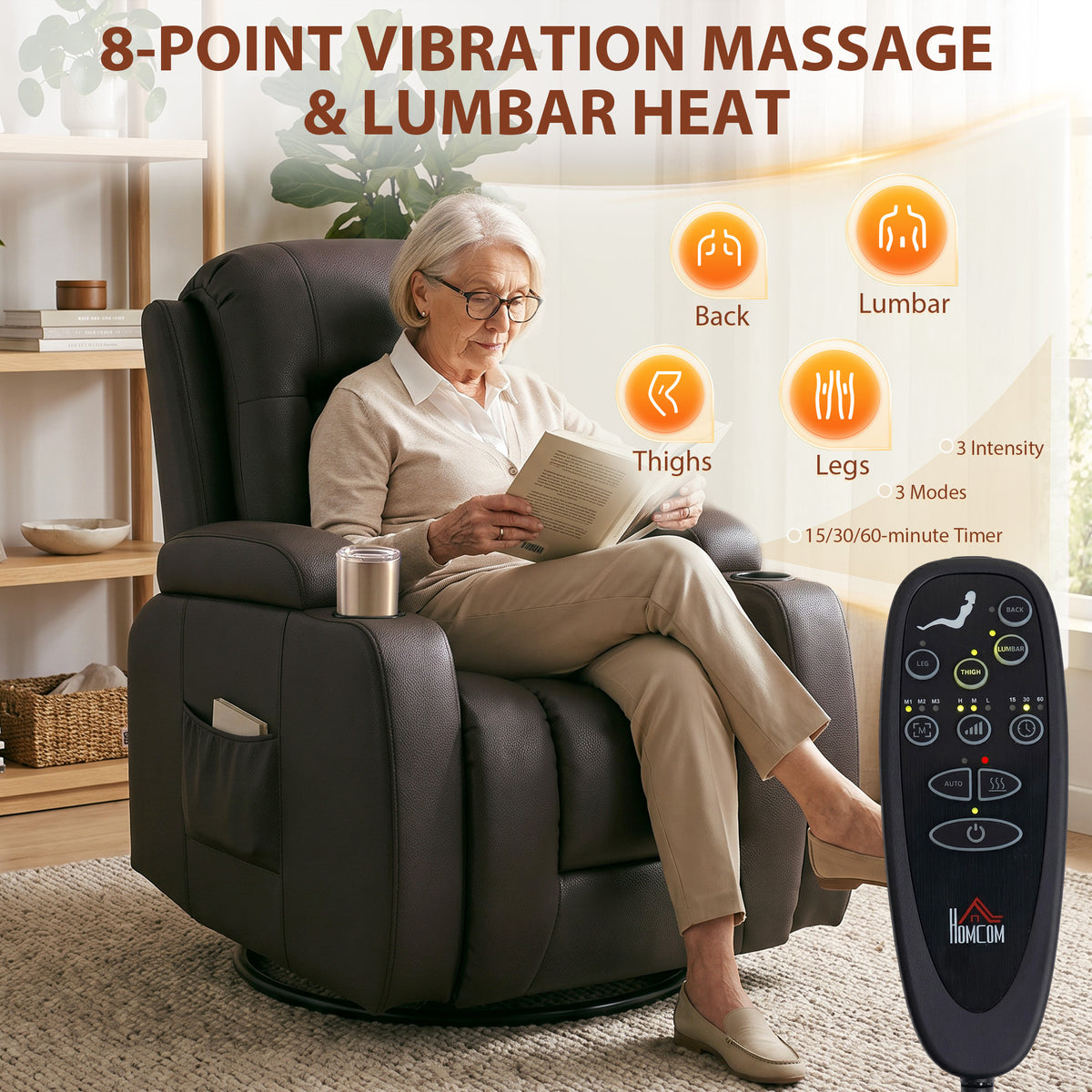 Massage Recliner Armchair | PU Leather | 8-Point Vibrating Massage | Lumbar Heat | 3 Modes & 3 Levels | Remote Control | 150° Recline | Swivel & Rocking | 2 Cup Holders & Pockets | 135kg | Dark Brown