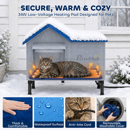 Heated Outdoor Cat House with 34W 230V Heating Pad | 5-Layer Insulation | PU Waterproof Shell | 5cm Elevated Base | Lock-Free Escape Door | 51x41x55cm | Up to 2 Cats | Light Grey