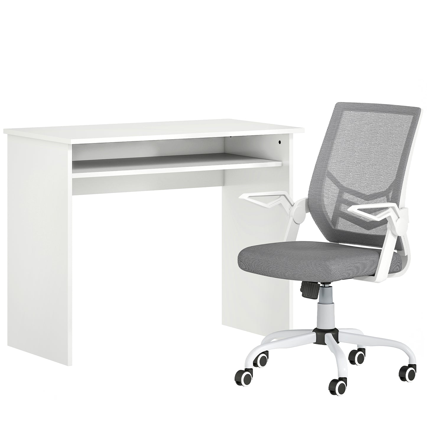 Home Office Desk & Ergonomic Mesh Chair Set | Flip-Up Arms | Storage Shelf | White & Grey