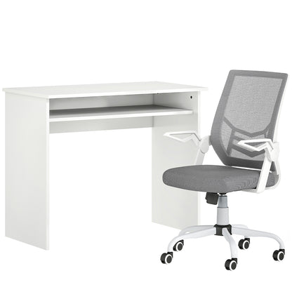 Home Office Desk & Ergonomic Mesh Chair Set | Flip-Up Arms | Storage Shelf | White & Grey