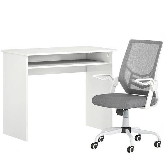 Home Office Desk & Ergonomic Mesh Chair Set | Flip-Up Arms | Storage Shelf | White & Grey