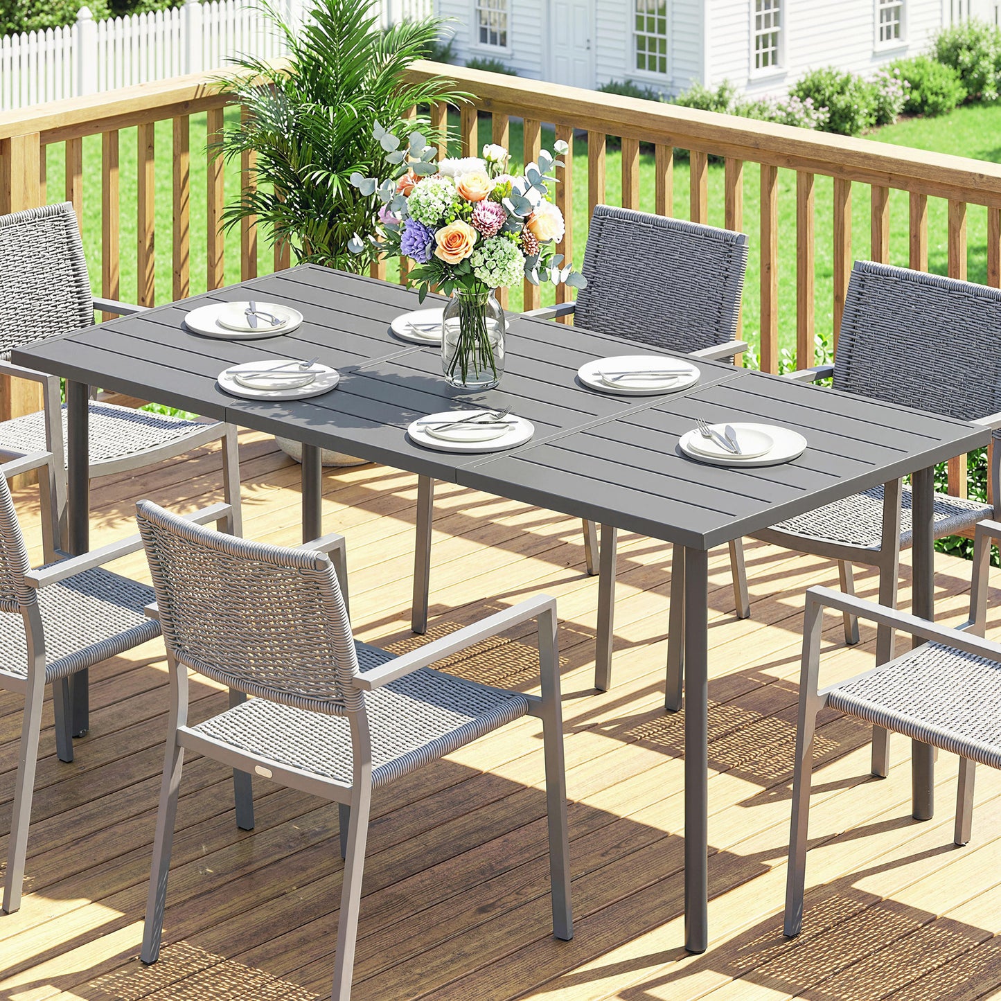 6-Seater Rectangular Garden Dining Table | Slatted Metal Top | Quick Drain | Powder-Coated Steel Frame | Foot Pads | 70kg Capacity | 165x80x74cm | Dark Grey