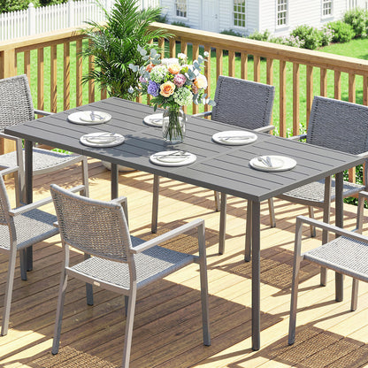 6-Seater Rectangular Garden Dining Table | Slatted Metal Top | Quick Drain | Powder-Coated Steel Frame | Foot Pads | 70kg Capacity | 165x80x74cm | Dark Grey