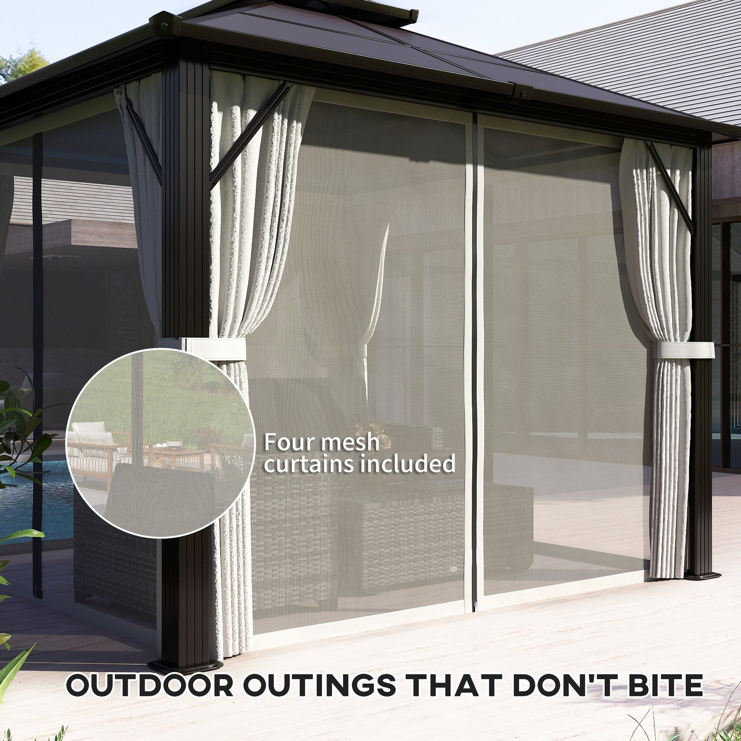 Outsunny 3 x 3(m) Hardtop Gazebo with Double Polycarbonate Roof, Garden Gazebo Permanent Pavilion with Mosquito Netting and Curtains for Patio, Deck, Beige