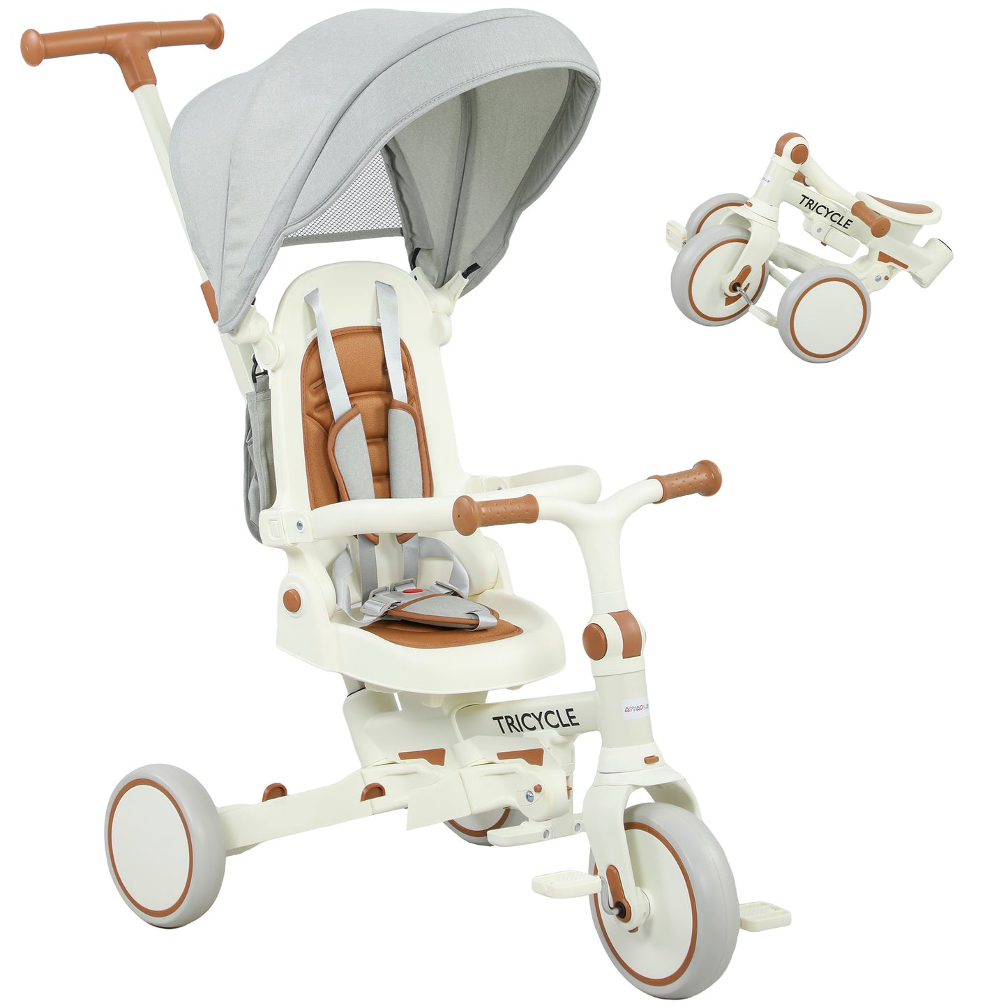AIYAPLAY 5 in 1 Kids Trike with Adjustable Backrest, Toddler Tricycle with Push Handlebar, Adjustable Backrest