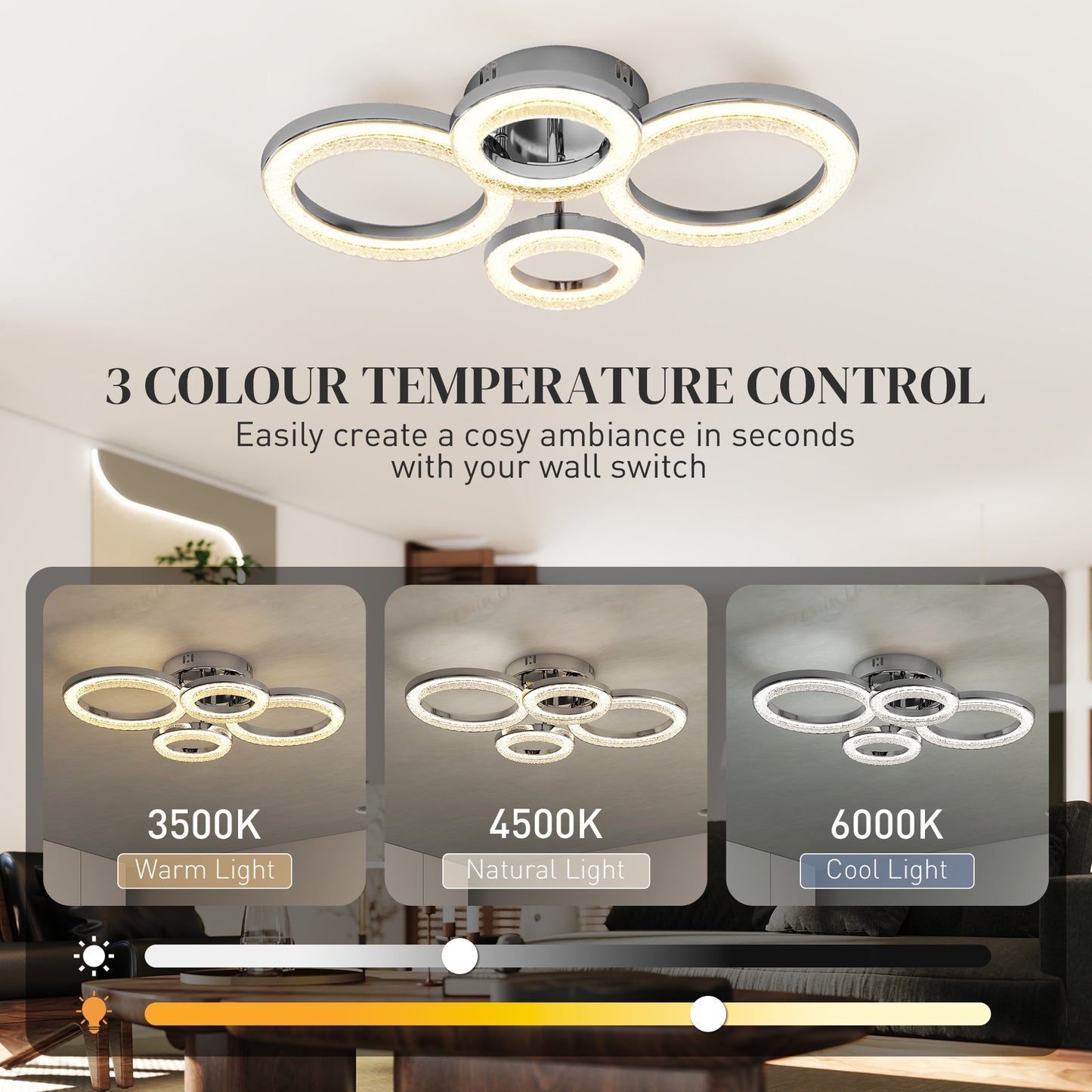 LED Ceiling Light, Modern 4 Rings Ceiling Lamp with Wall Switch Control, 40W 4350lm Flush Mount Ceiling Light with 3500K/4500K/6000K Colour Temperatures, Silver Tone