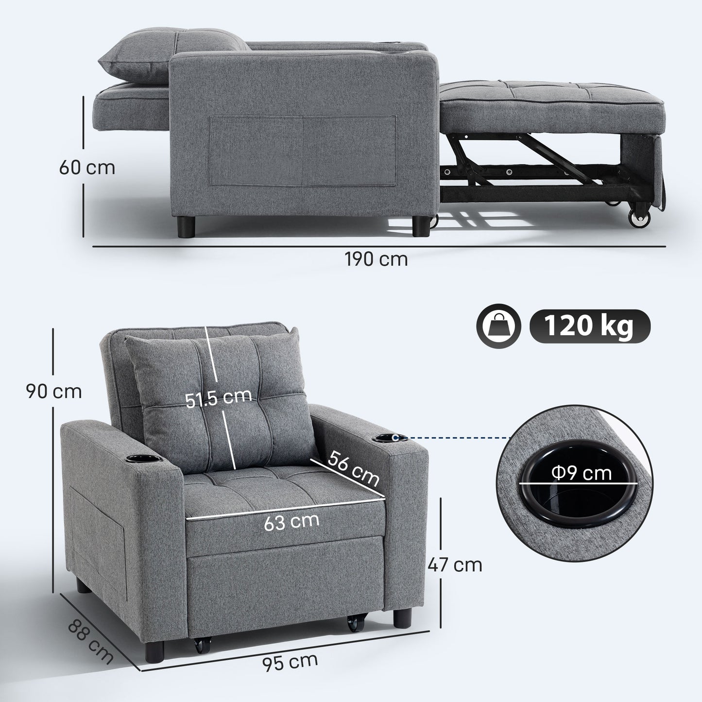 3-in-1 Single Sofa Bed | Armchair | Recliner | Sleeper | 95x190cm | 12cm Mattress | Cup Holders & Side Pockets | Pillow | 120kg | Dark Grey