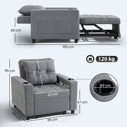 3-in-1 Single Sofa Bed | Armchair | Recliner | Sleeper | 95x190cm | 12cm Mattress | Cup Holders & Side Pockets | Pillow | 120kg | Dark Grey