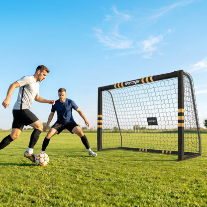 SPORTNOW Portable Football Goal | Black & Yellow | 8x5ft or 6x4ft | EPE Foam Padding 1.6cm | PVC-Wrapped Posts | 6 Ground Stakes | Metal Frame | PE Net | Age 5+ | Garden Training