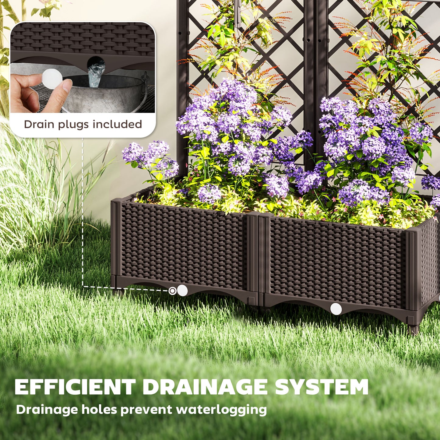PP Raised Garden Bed with Trellis | 8 Drainage Holes & Drain Plugs | 20kg Capacity | 80x40x123cm | Indoor & Outdoor | Climbing Plants Veg & Flowers | Brown