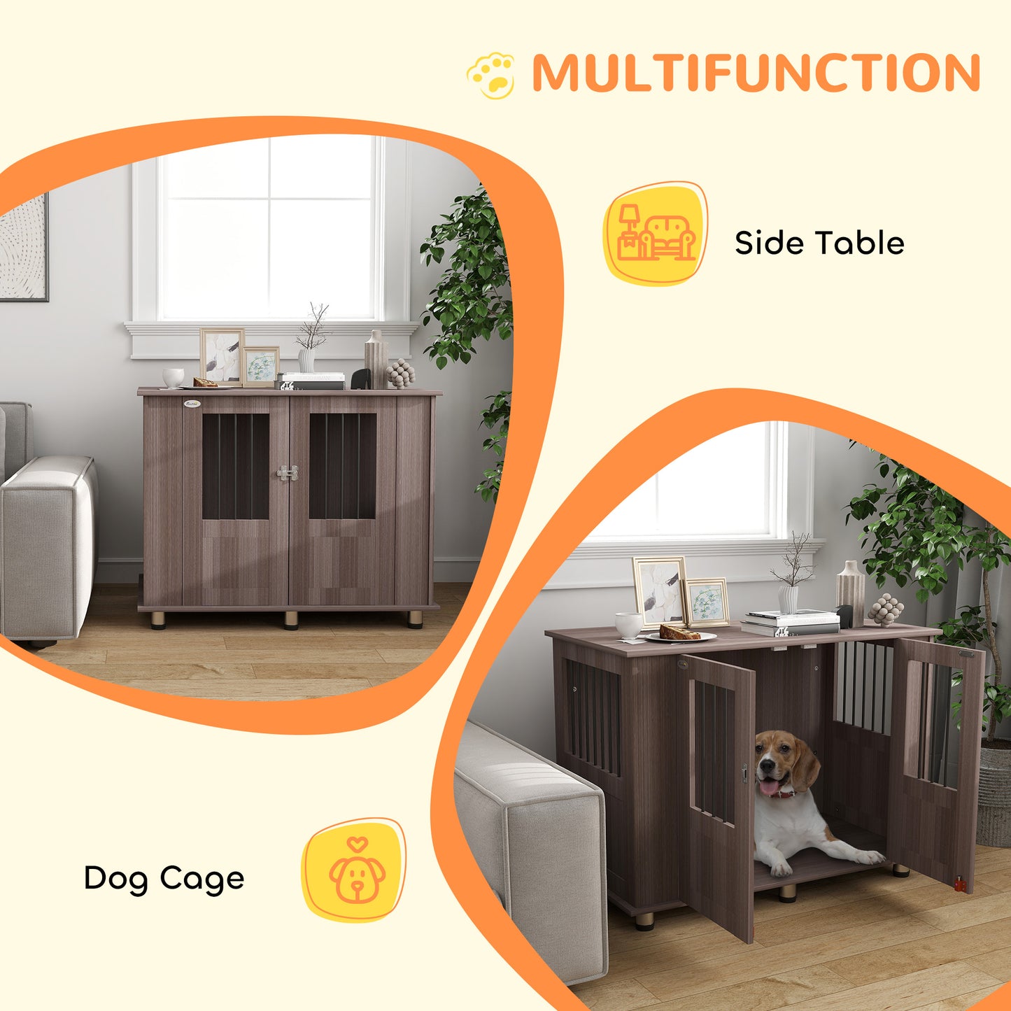 Dog Crate Furniture Side Table | Magnetic Door & Bolt | Elevated Base | Steel Bar Ventilation | Medium & Large Dogs up to 40kg | 95 x 55 x 75cm | Purple