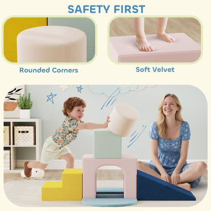 Kids 8-Piece Soft Play Foam Block Set | Climb Crawl & Build | Washable Velvet Covers | Hidden Zippers | Indoor Toddler Gym | Ages 6-36 Months | Multicolour