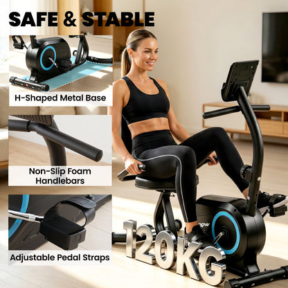 Recumbent Exercise Bike | Bluetooth | Kinomap & Zwift | 8-Level Magnetic Resistance | Padded Seat & Backrest | 120kg | Blue