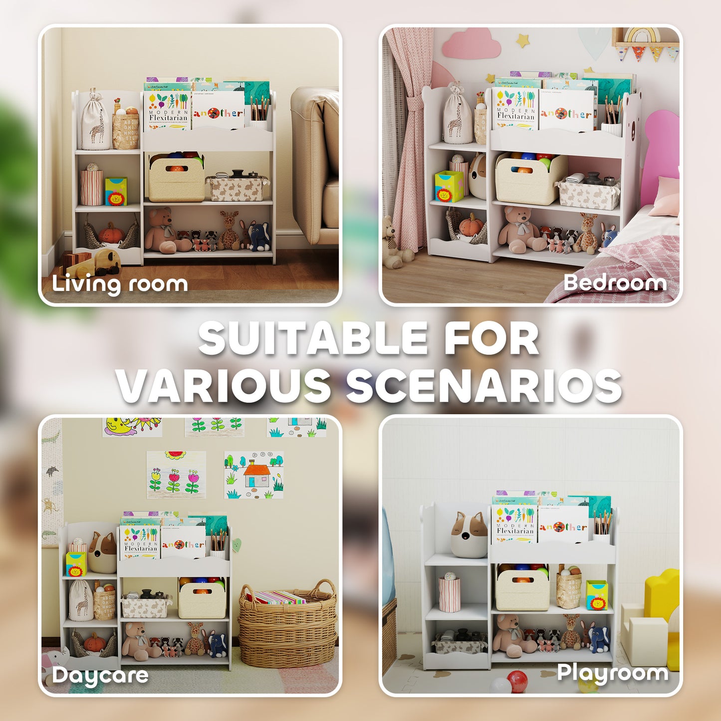 Kids Toy Storage Unit & Bookshelf – Bear Design, Sectioned Shelves, 79cm Child-Height, MDF, For Bedroom, Nursery & Playroom – White