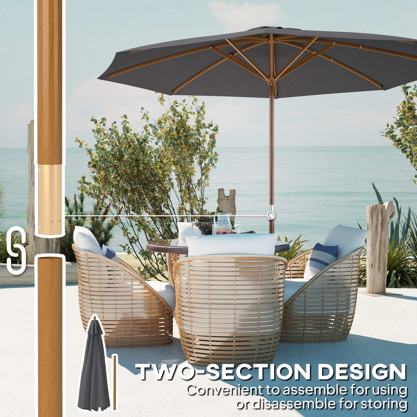 Outsunny 3(m) Wooden Patio Parasol Umbrella - Dark Grey