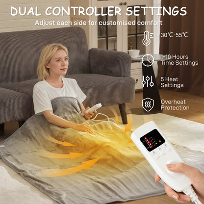 Electric Blanket with Dual Controllers, Machine Washable Heated Throw Blanket with Ultra Soft Flannel Fabric, 5 Heating Levels, 10 Hour Timer, Grey