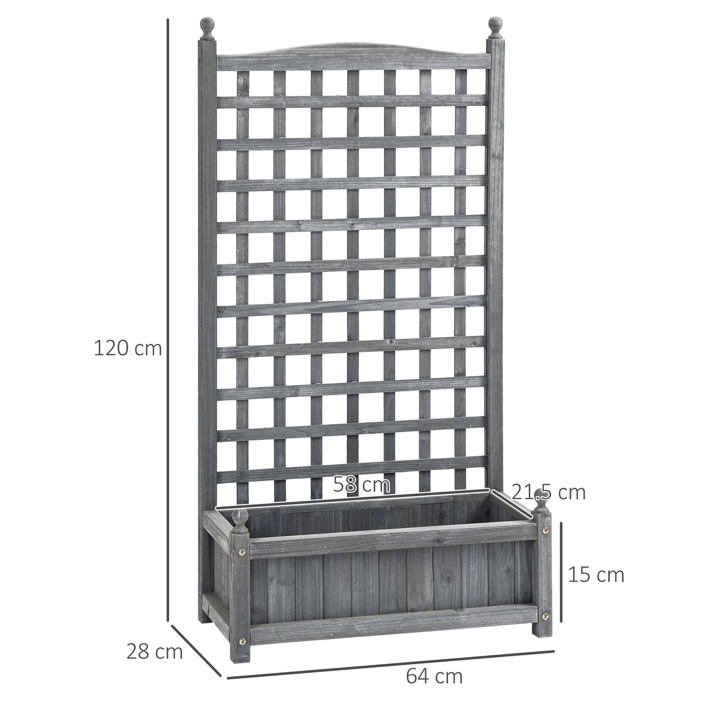 Fir Wood Raised Garden Bed with Trellis | 2 Drainage Holes | 50kg Capacity | 64x28x120cm | Indoor & Outdoor | Climbing Plants Flowers & Veg | Grey