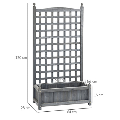 Fir Wood Raised Garden Bed with Trellis | 2 Drainage Holes | 50kg Capacity | 64x28x120cm | Indoor & Outdoor | Climbing Plants Flowers & Veg | Grey
