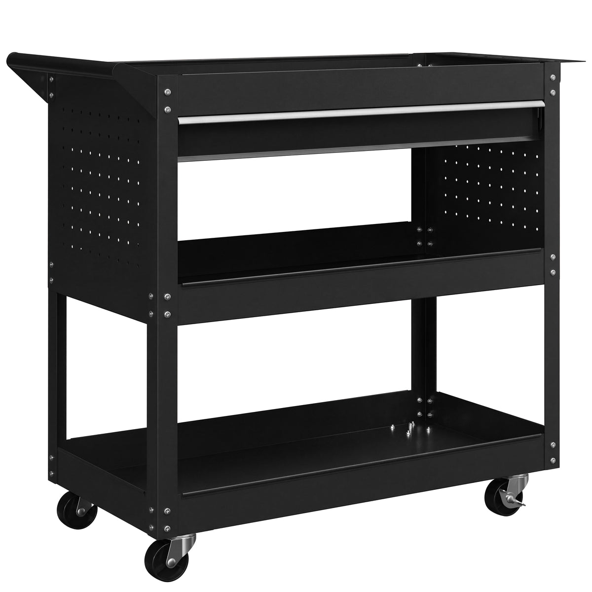 3-Tier Steel Tool Trolley Cart with Rolling Wheels & Brakes | 3 Storage Trays | Side Handle | 60kg Total Capacity | Scratch & Corrosion Resistant | 82x35x76cm | Garage Workshop | Assembly Required | Black