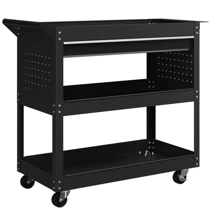 3-Tier Steel Tool Trolley Cart with Rolling Wheels & Brakes | 3 Storage Trays | Side Handle | 60kg Total Capacity | Scratch & Corrosion Resistant | 82x35x76cm | Garage Workshop | Assembly Required | Black