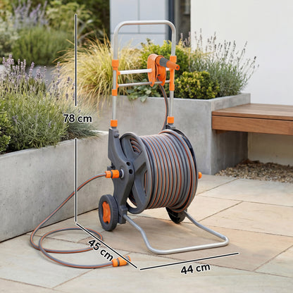 Garden Hose Reel Cart on Wheels | 45+2m | Dual-Mode Nozzle | Manual Crank & Built-In Guide | Weather-Resistant PVC | 8 Bar Working Pressure | Freestanding | 45x44x78cm | Orange