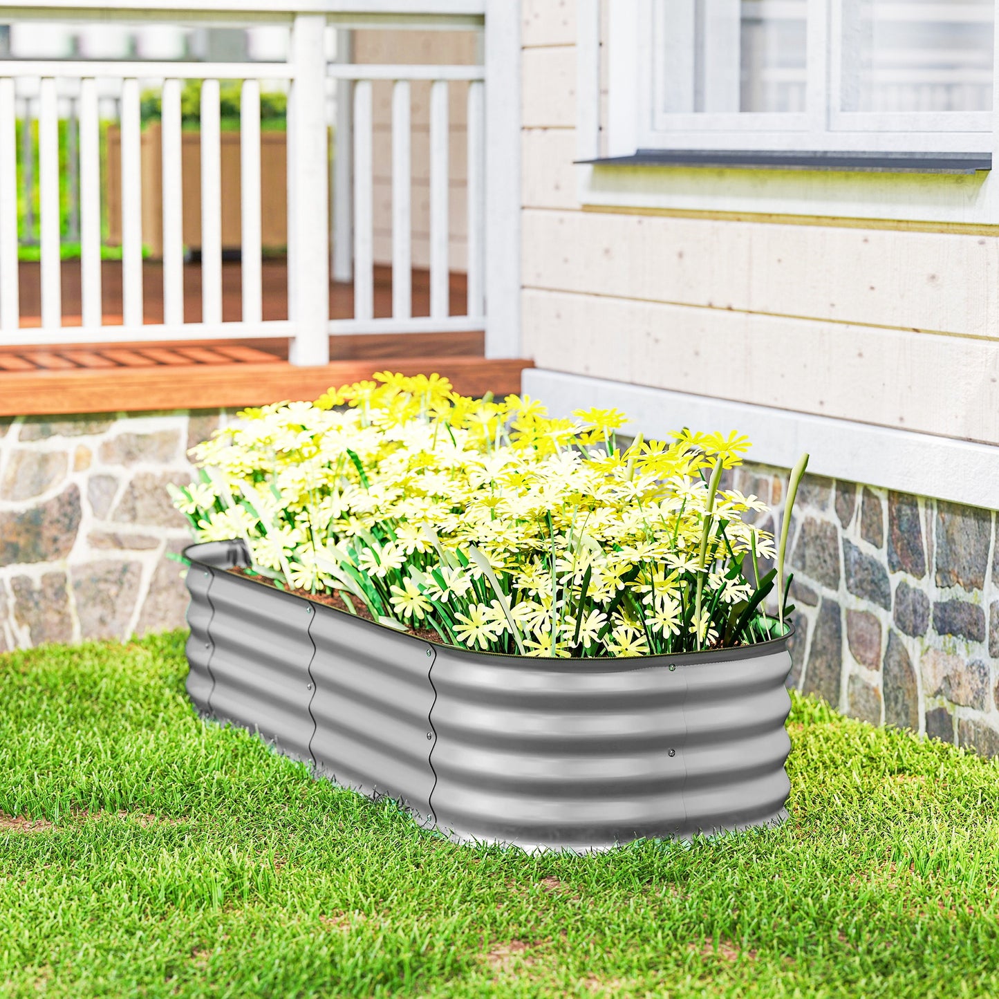 Flexible Galvanised Steel Raised Garden Bed | Safety Rubber Edging | Open Bottom | Configurable Round Oval or Oblong | 150x62x30cm | For Flowers Herbs & Succulents | Silver