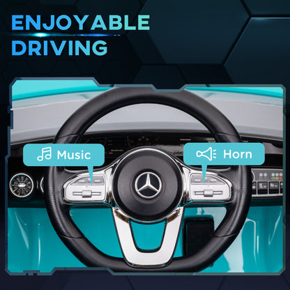 Mercedes-AMG CLA 45 Licensed 12V Kids Electric Car Ride on Car w/ Remote, Suspension Lights Music Horn - Light Blue / White / Yellow