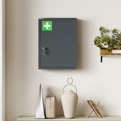 Kleankin Locking Medicine Cabinet | Smoke Grey Cold-Rolled Steel | 40x15x53.5cm | 3 Tiers | Lock & 2 Keys | Wall-Mounted | First Aid Cross | 15kg | No Assembly