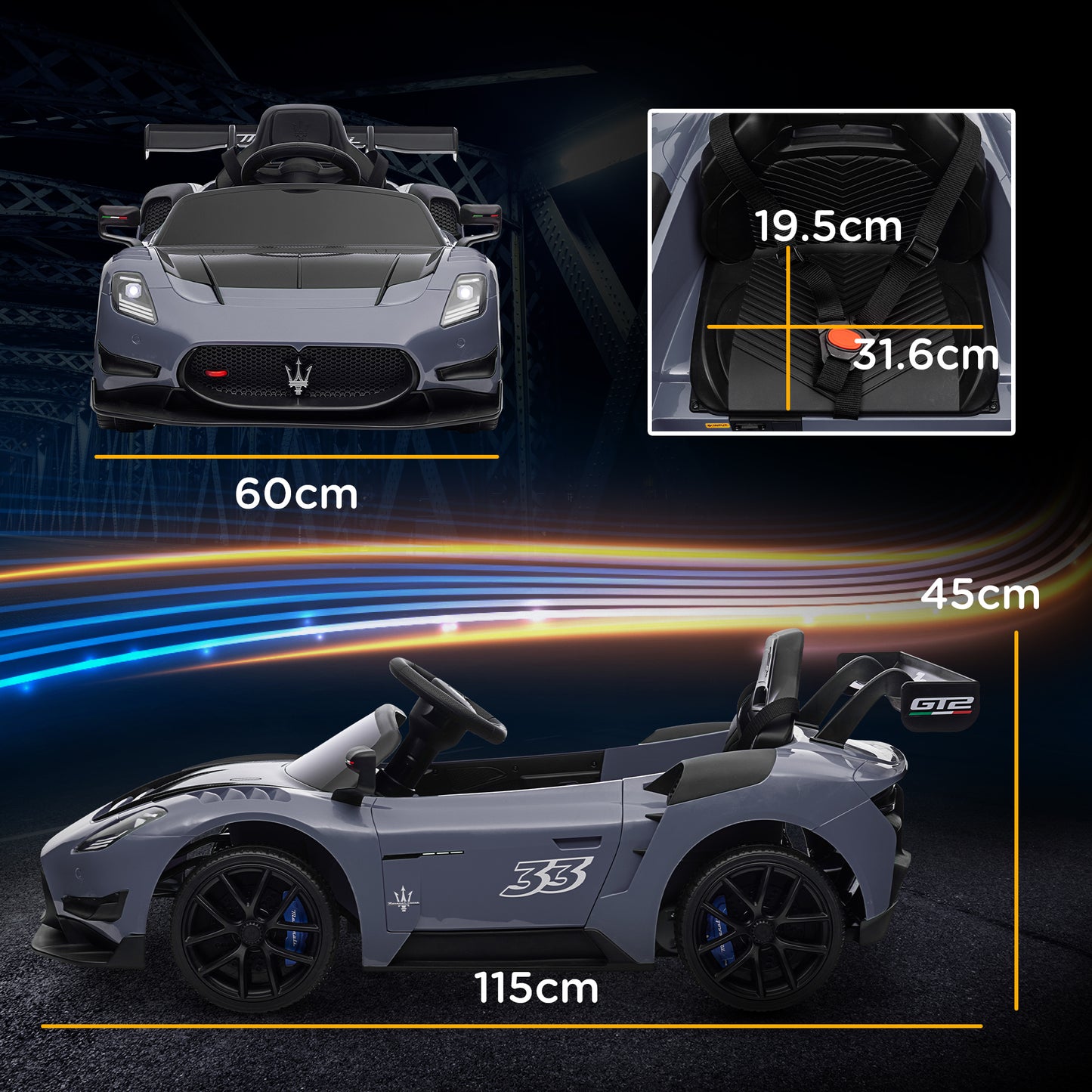 AIYAPLAY Maserati GT2 Licensed 12V Kids Electric Ride on Car with 4 Suspension, Remote Control Music Horn Lights - Grey - White - Pink