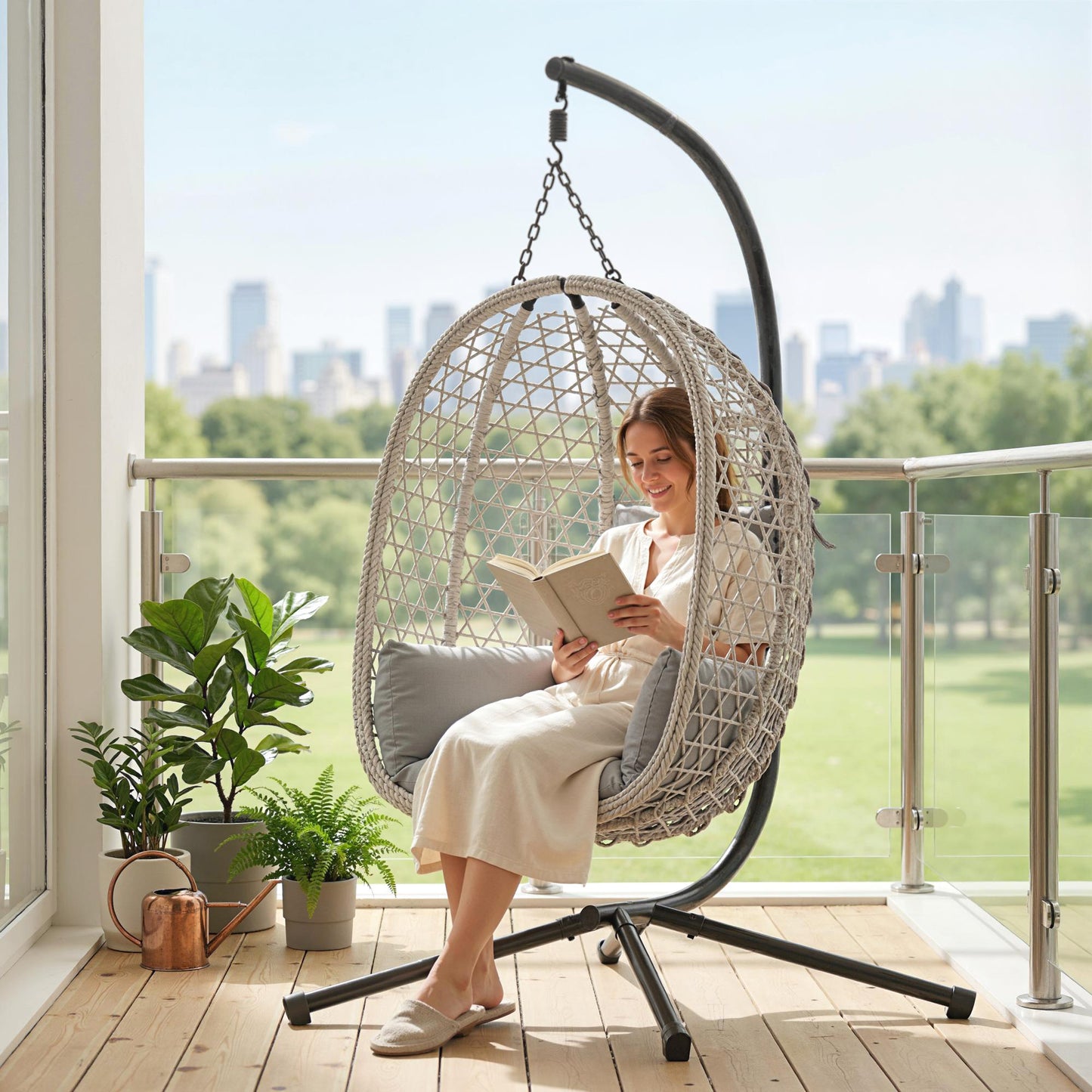 Hanging Egg Chair with Stand | PE Rattan | 15cm Cushion & Headrest | Safety Strap | Foldable Basket | 120kg | Light Grey