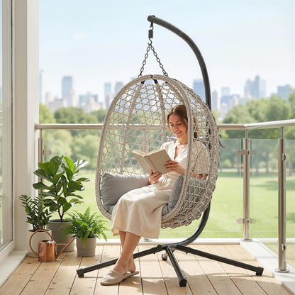 Hanging Egg Chair with Stand | PE Rattan | 15cm Cushion & Headrest | Safety Strap | Foldable Basket | 120kg | Light Grey